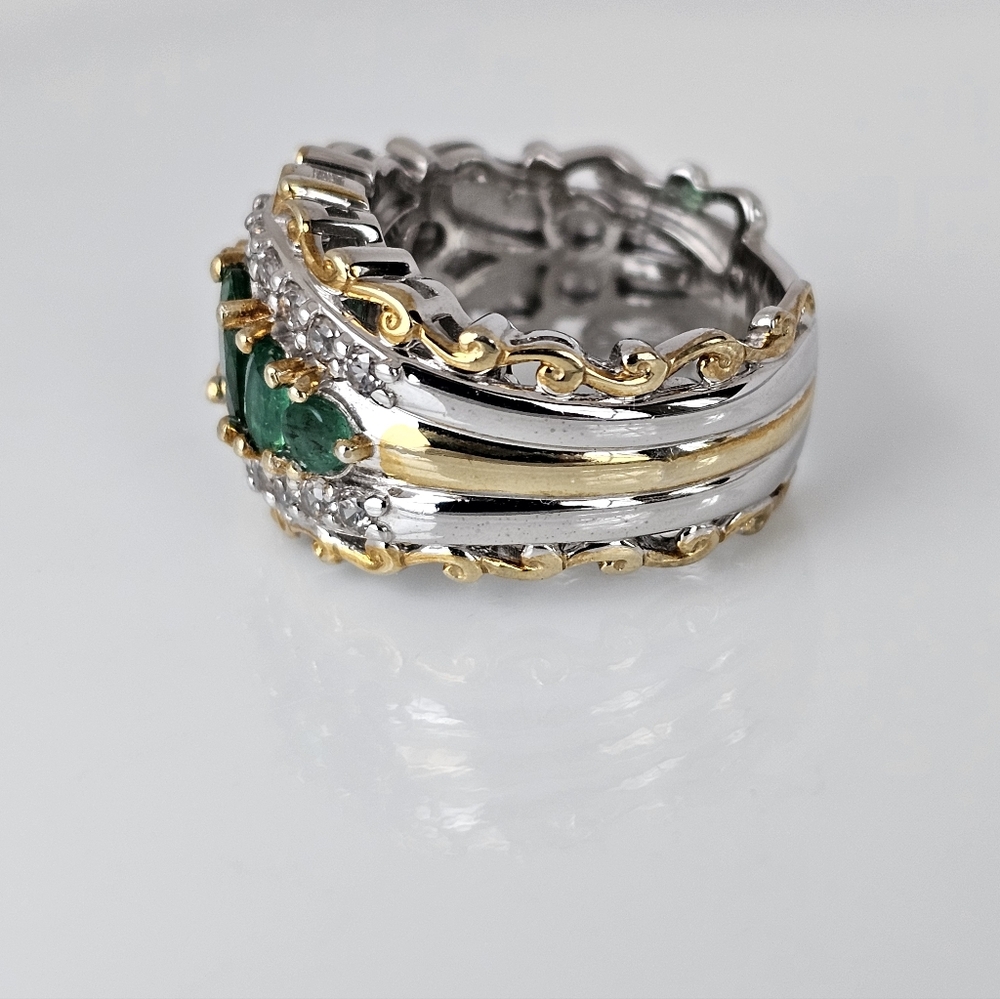 Gems En Vogue Emerald & Zircon Ring Palladium Sterling Silver & 24k Size 7! - Picture 3 of 8